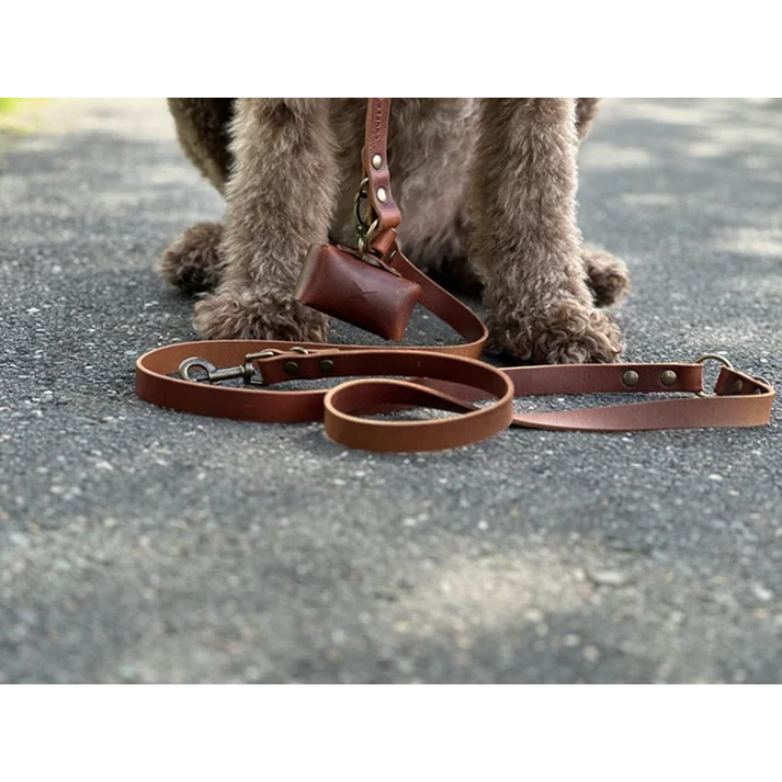 Hands-free brown leather dog lead worn crossbody for outdoor hiking.