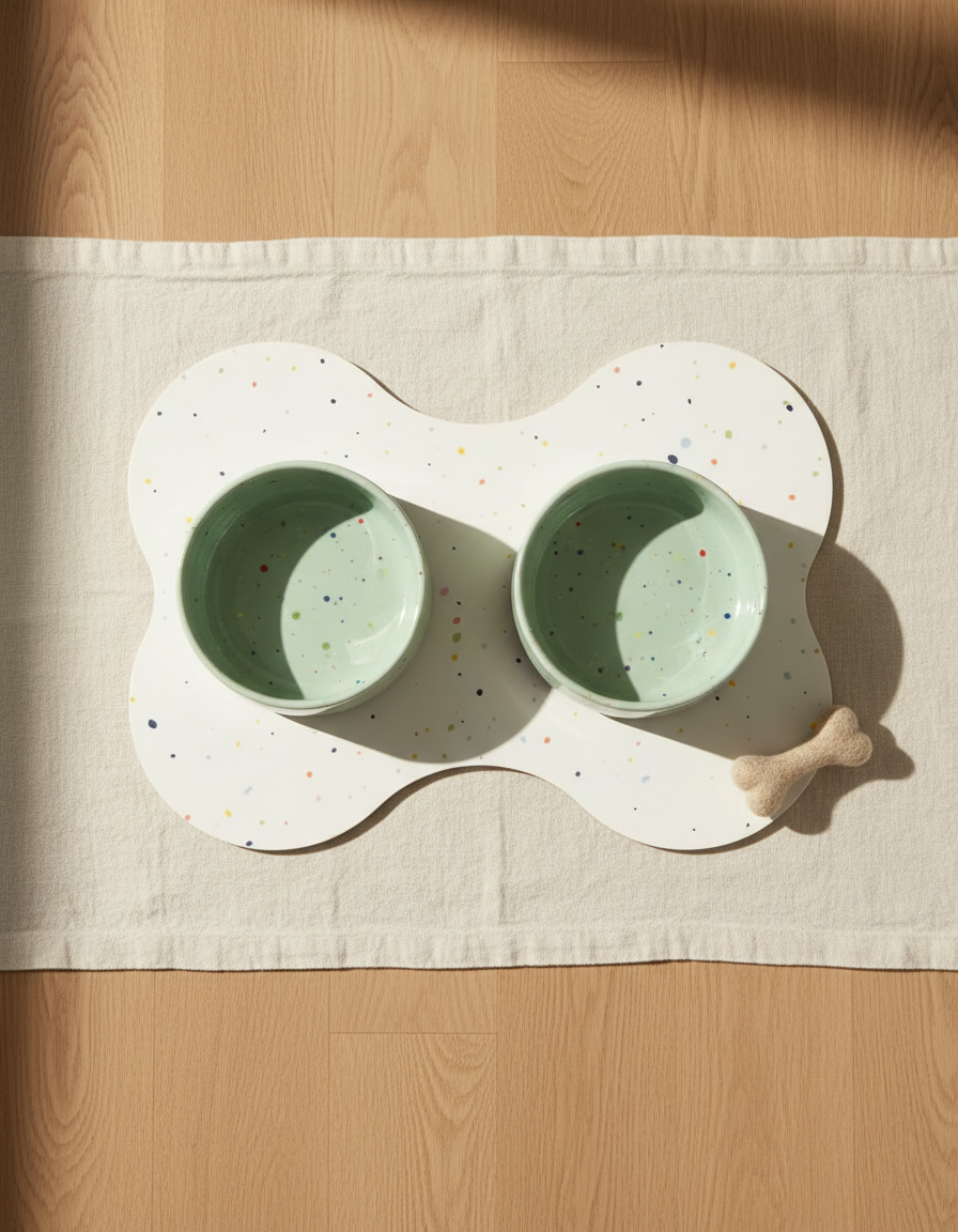 Smiley Bark small dog starter set — bowls, placemat and petite wool bone