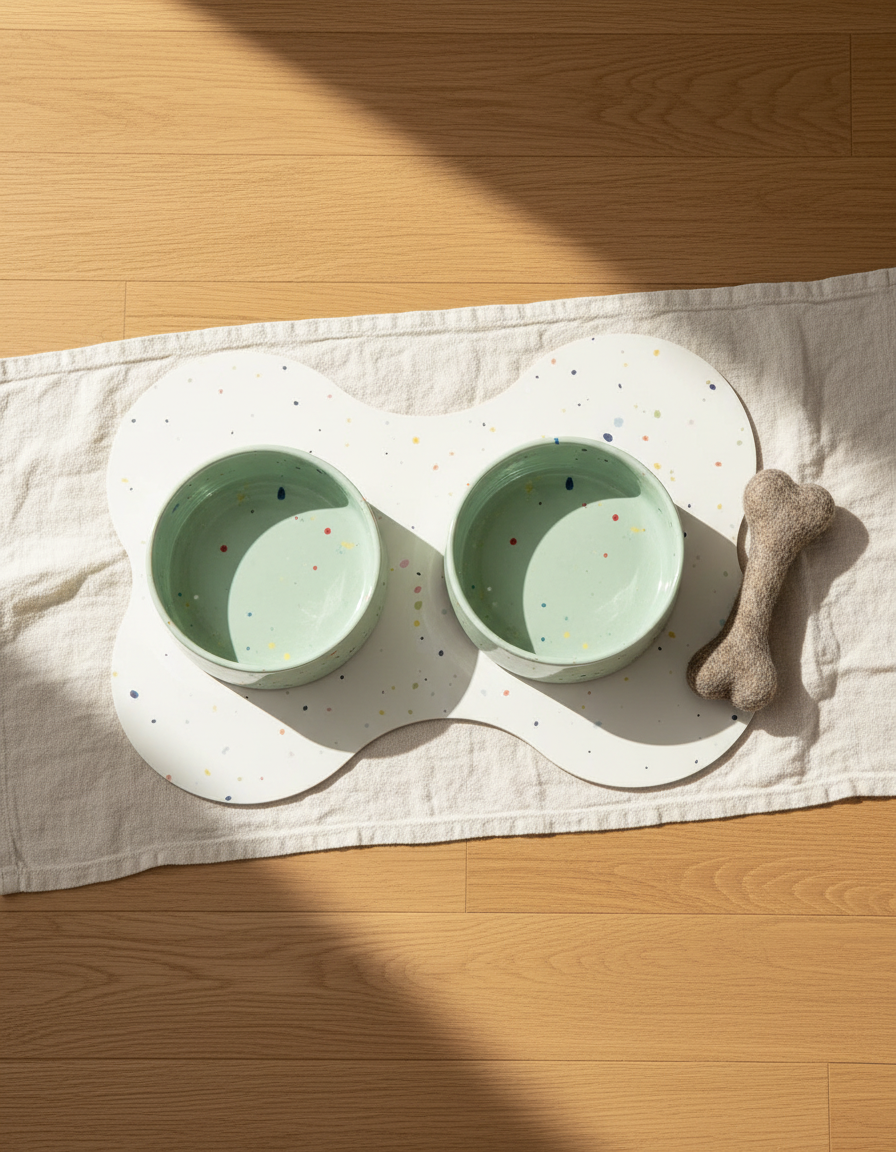 Smiley Bark large dog starter set — bowls, placemat and wool bone
