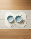Smiley Bark small dog set — Soft Blue bowls, placemat and petite wool bone