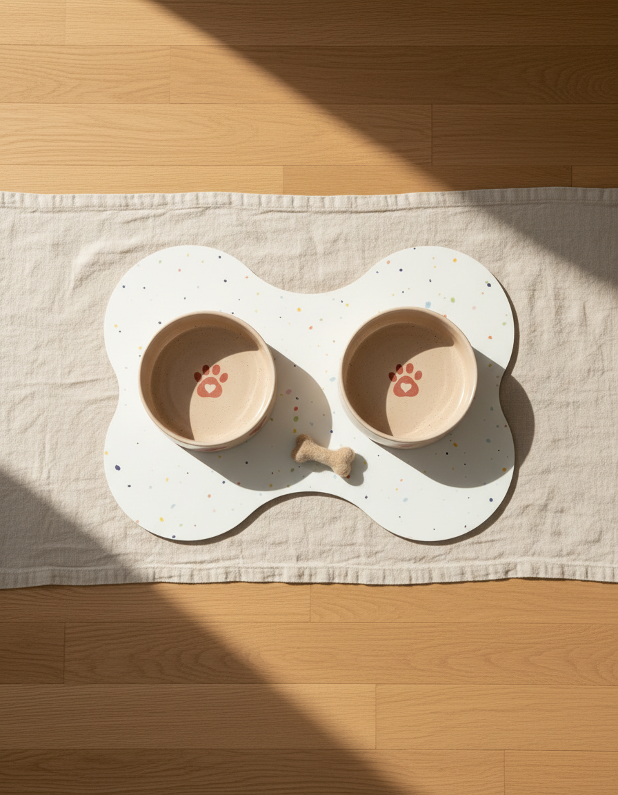 Smiley Bark small dog set — Cozy Hearts bowls, placemat and petite wool bone