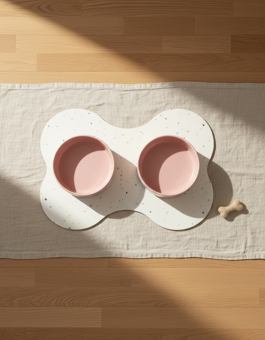 Smiley Bark small dog set — Satin Pink bowls, placemat and petite wool bone