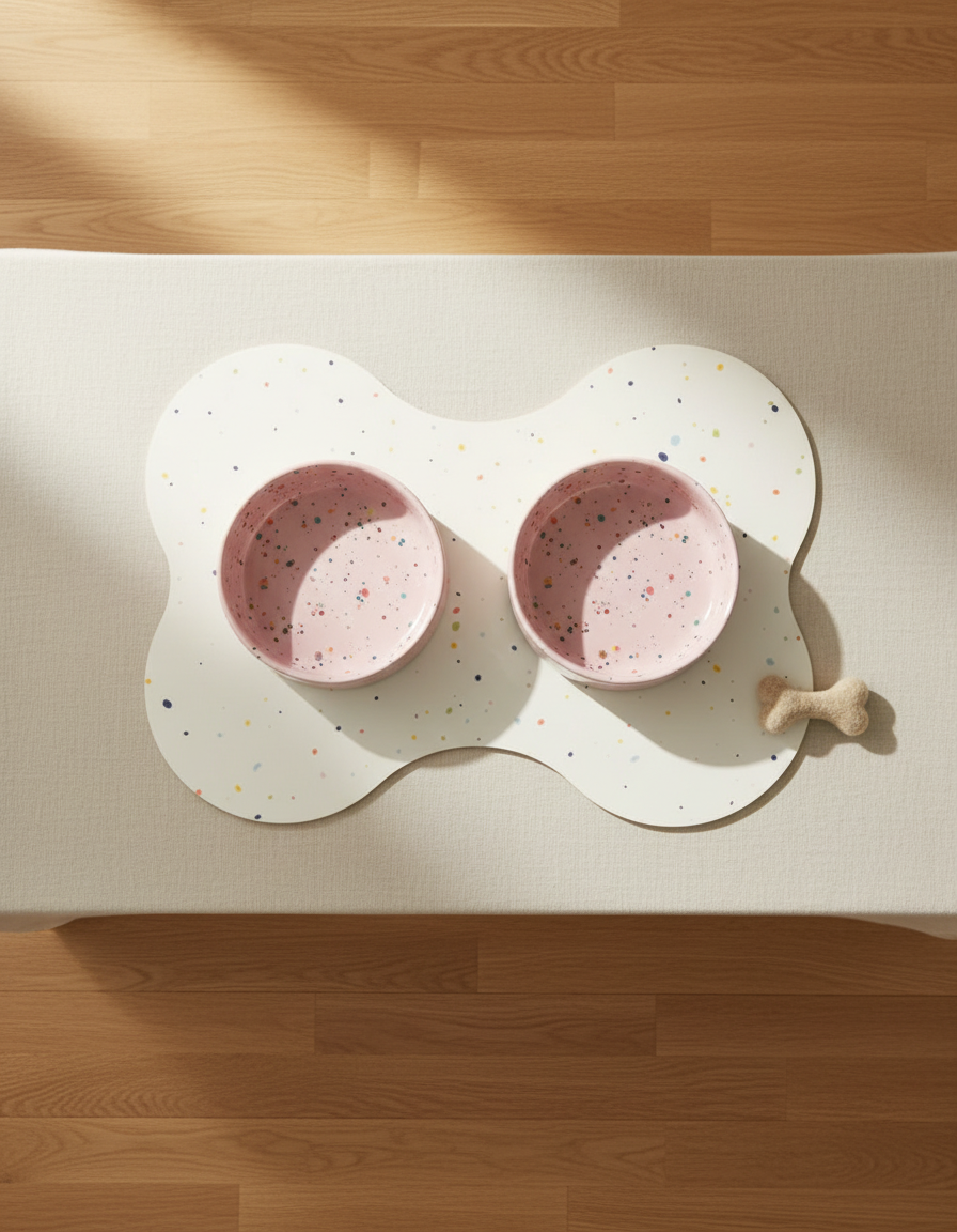 Smiley Bark small dog set — Candy Pink bowls, placemat and petite wool bone