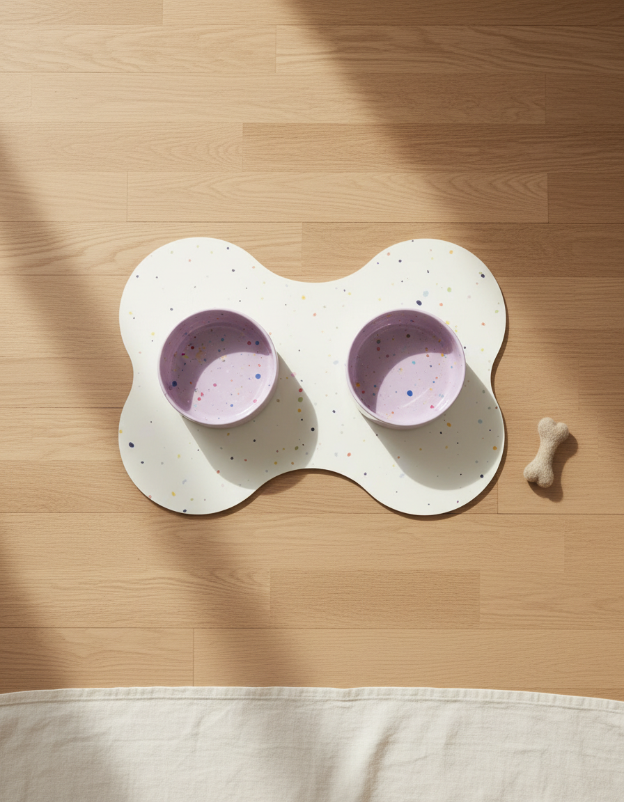 Smiley Bark small dog set — Dreamy Lilac bowls, placemat and petite wool bone