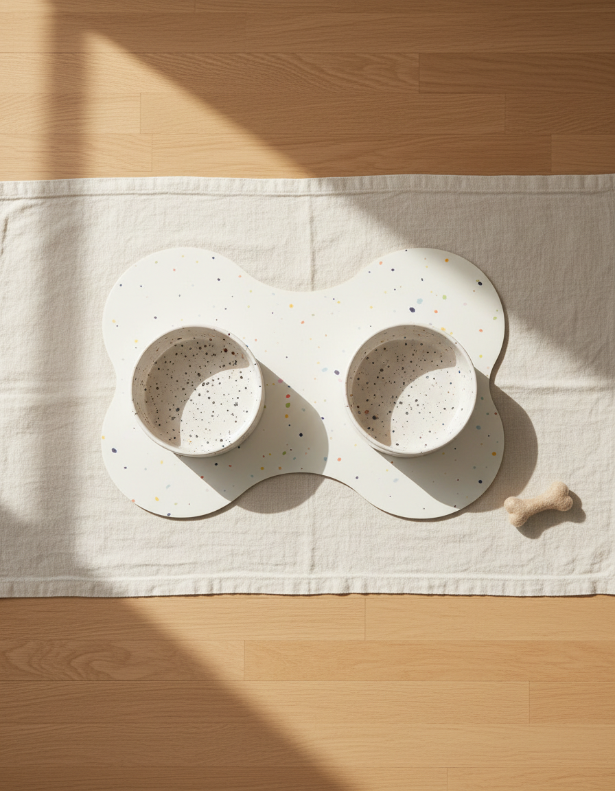 Smiley Bark small dog set — Pure White bowls, placemat and petite wool bone