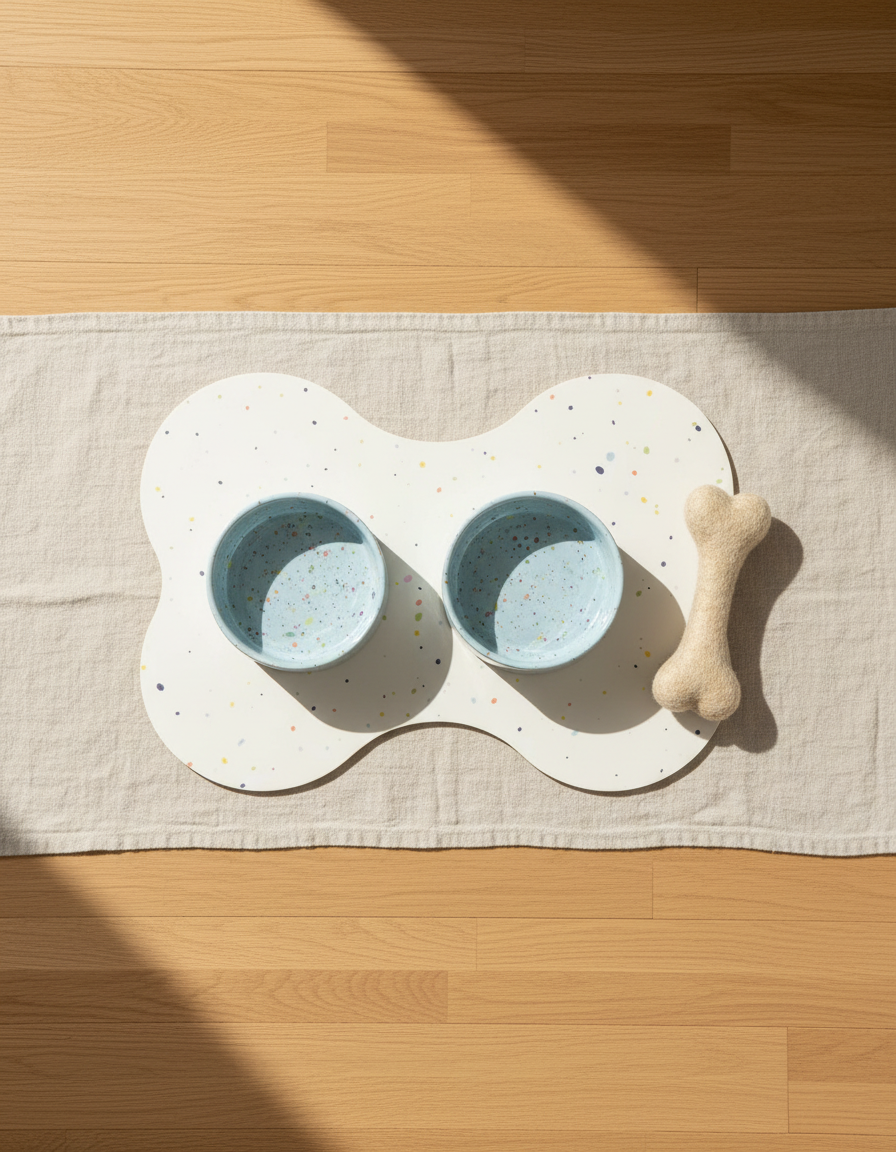 Smiley Bark large dog set — Soft Blue bowls, placemat and wool bone