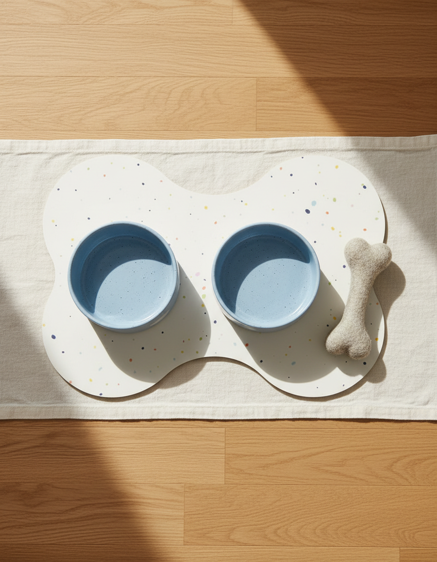 Smiley Bark large dog set — Sky Blue bowls, placemat and wool bone