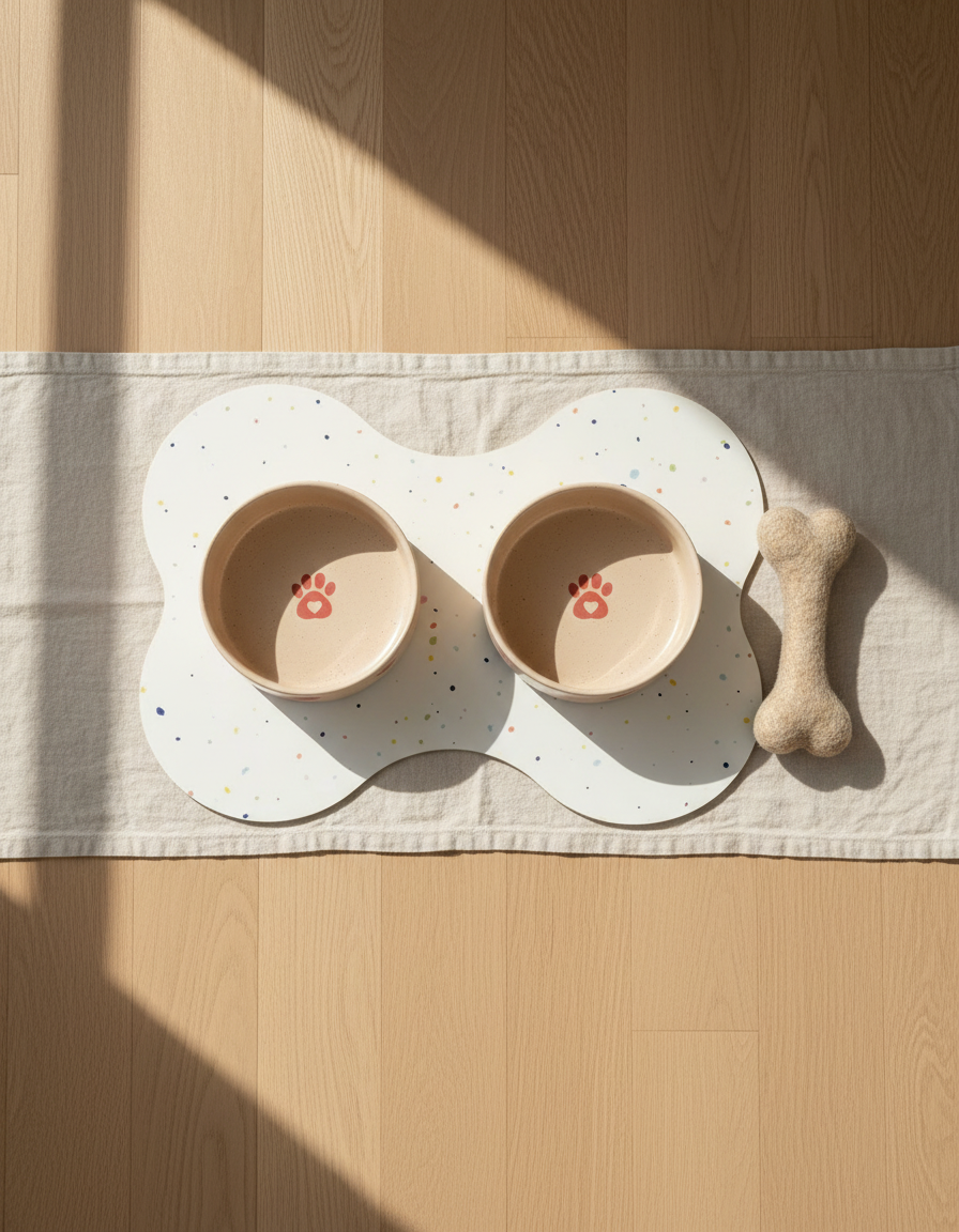 Smiley Bark large dog set — Cozy Hearts bowls, placemat and wool bone