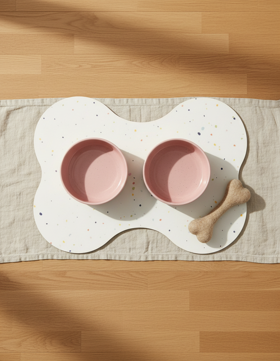 Smiley Bark large dog set — Satin Pink bowls, placemat and wool bone