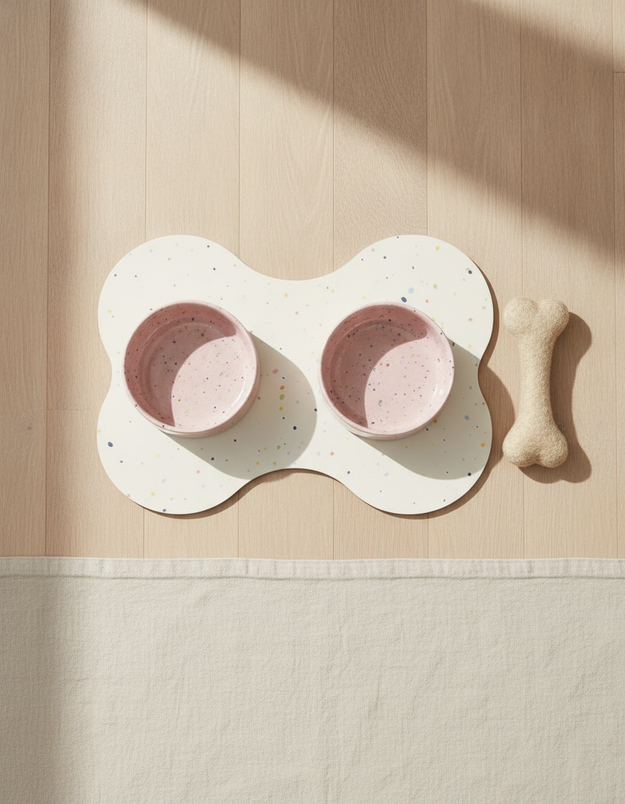 Smiley Bark large dog set — Candy Pink bowls, placemat and wool bone