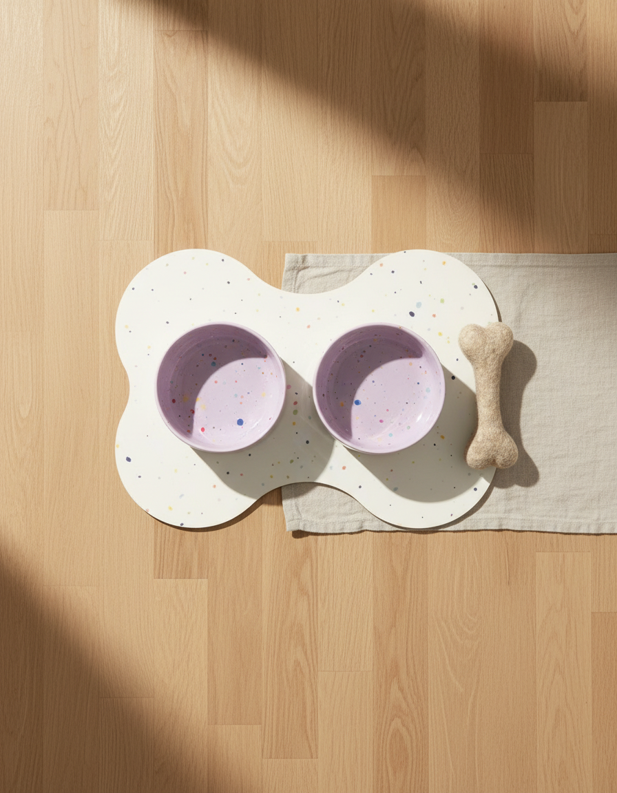 Smiley Bark large dog set — Dreamy Lilac bowls, placemat and wool bone