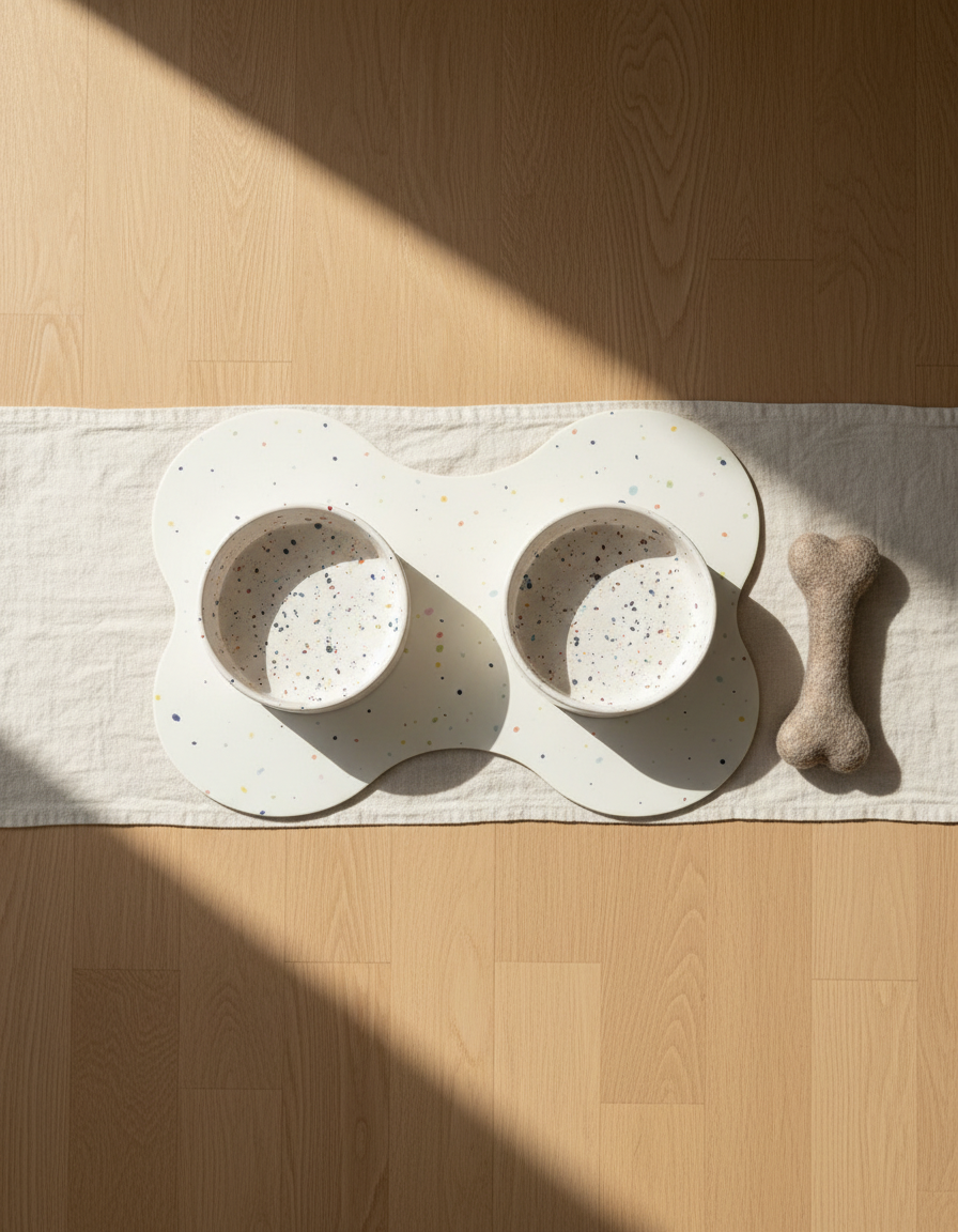 Smiley Bark large dog set — Pure White bowls, placemat and wool bone