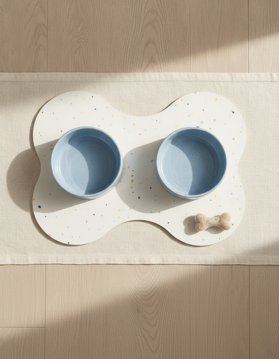Smiley Bark small dog set — Sky Blue bowls, placemat and petite wool bone
