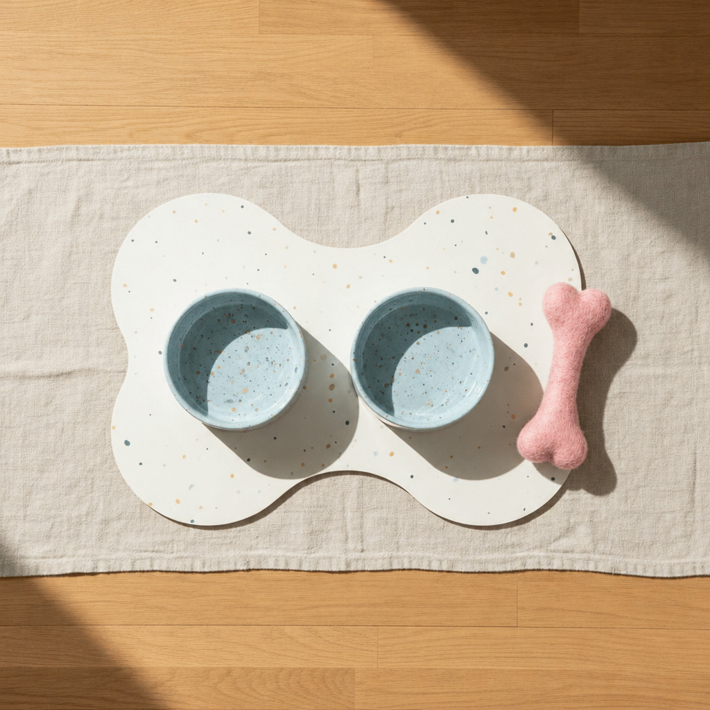 Large starter set, Splatter Soft Blue bowls, pink wool bone