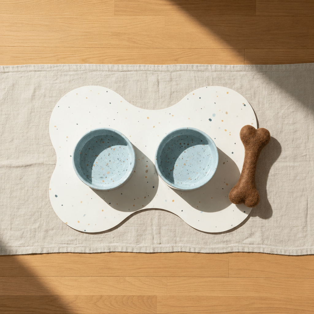Large starter set, Splatter Soft Blue bowls, brown wool bone