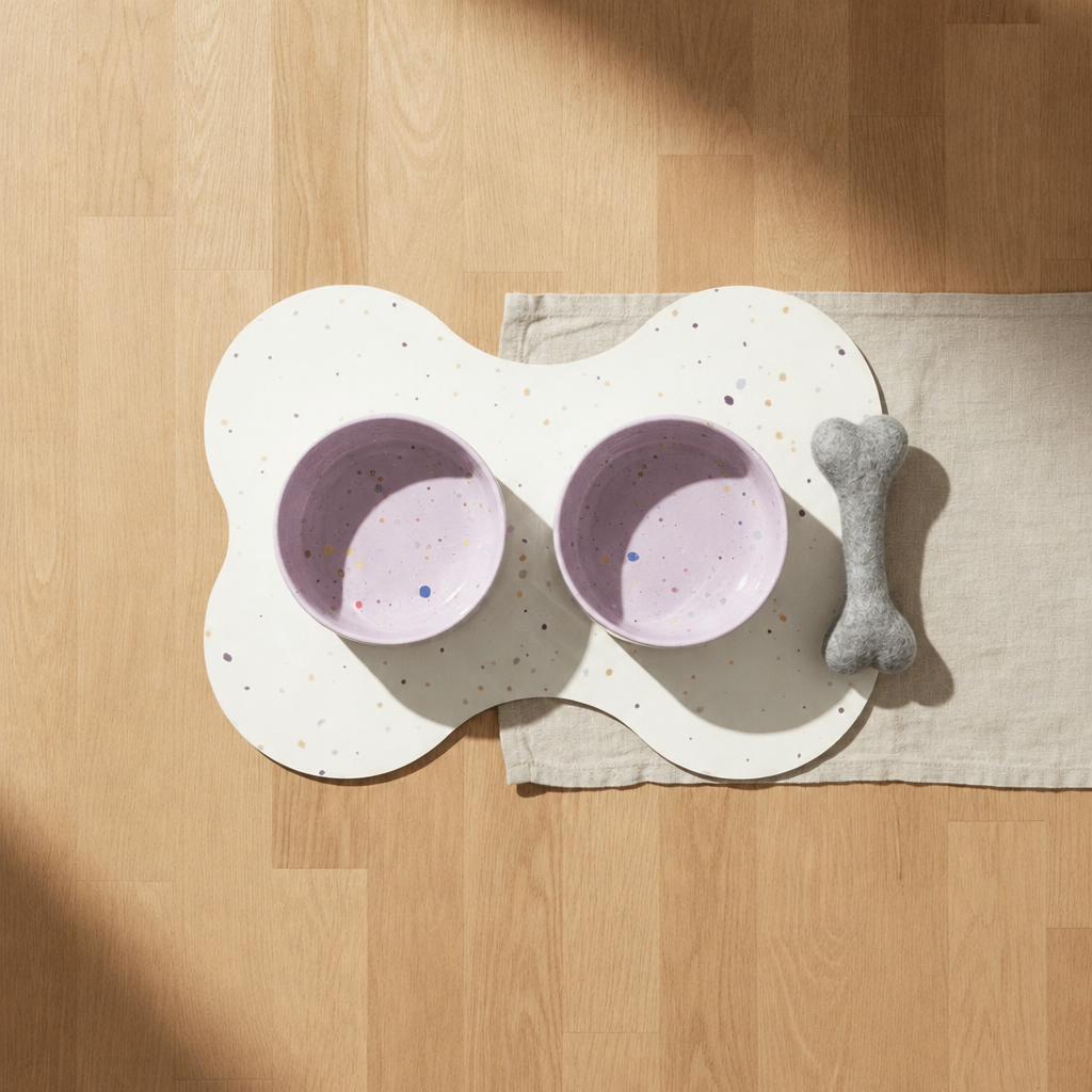 Large starter set, Splatter Dreamy Lilac bowls, grey wool bone