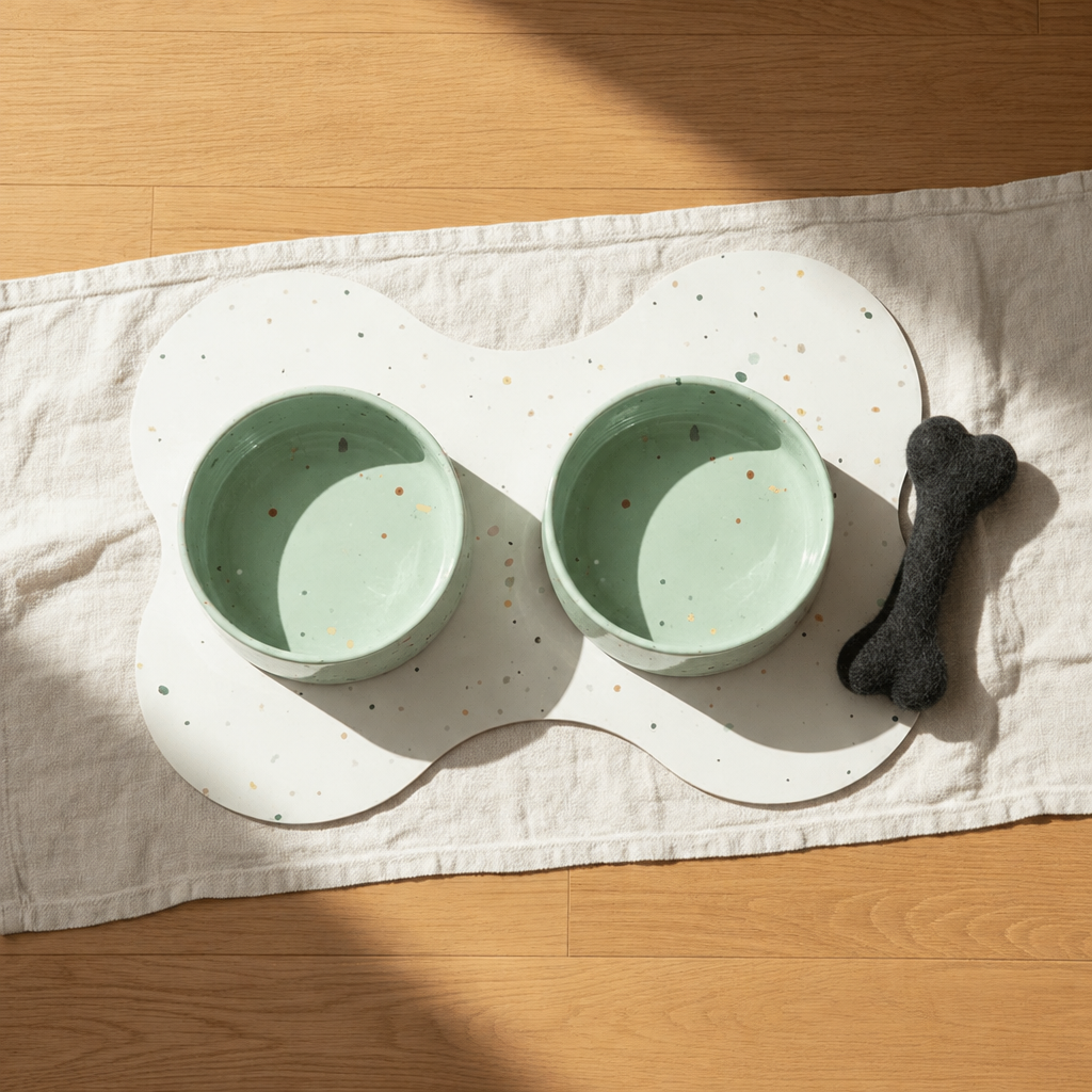 Large starter set, Splatter Sage Green bowls, black wool bone