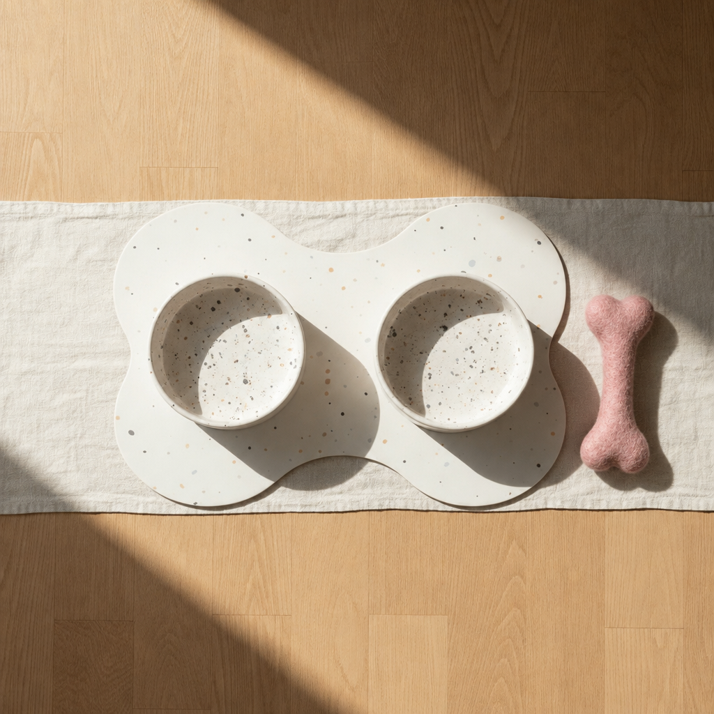 Large starter set, Splatter Pure White bowls, pink wool bone