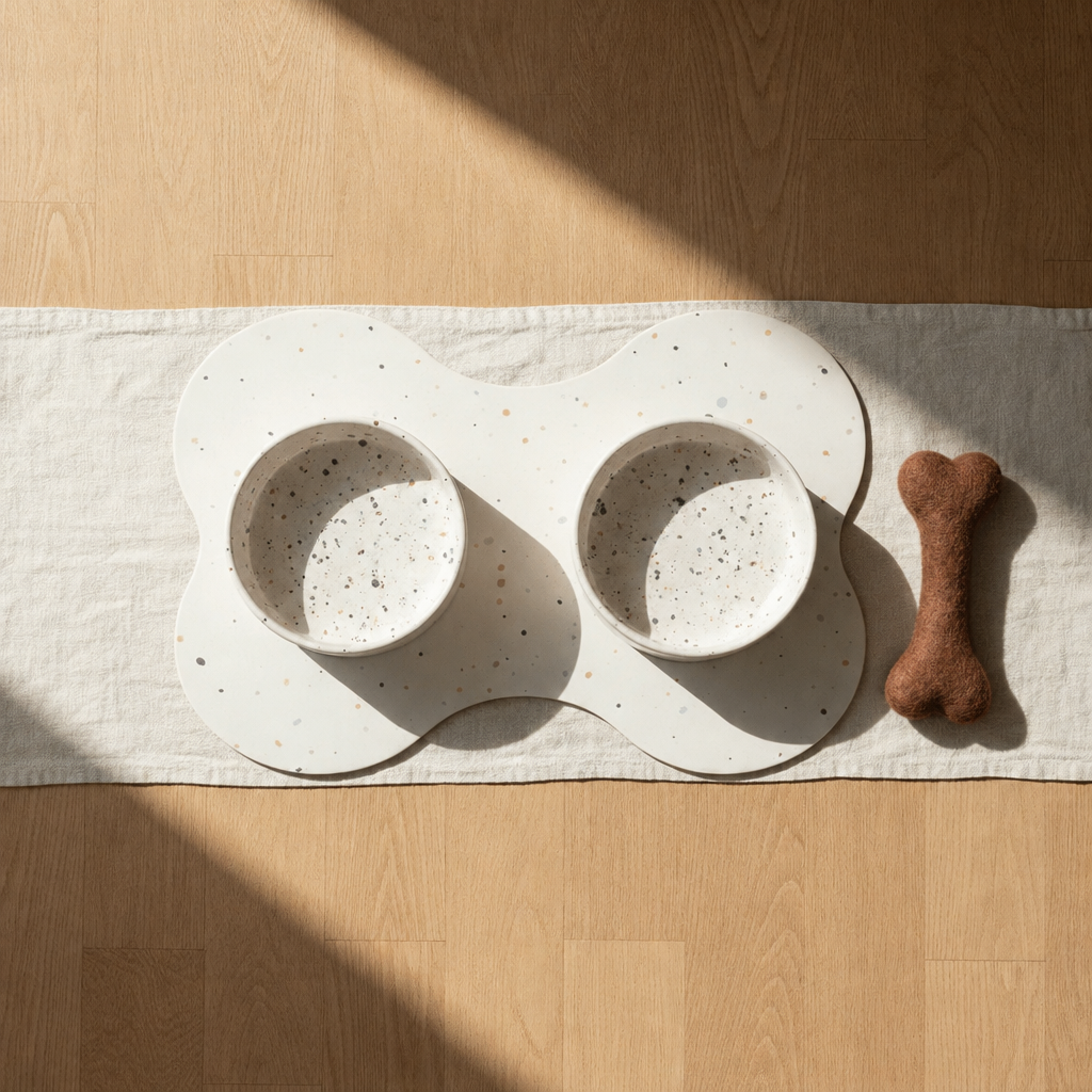 Large starter set, Splatter Pure White bowls, brown wool bone