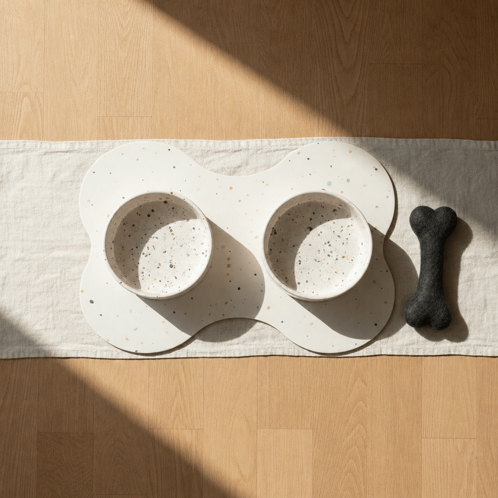 Large starter set, Splatter Pure White bowls, black wool bone