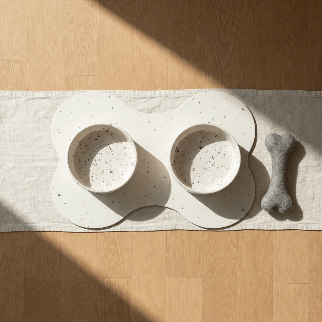 Large starter set, Splatter Pure White bowls, grey wool bone