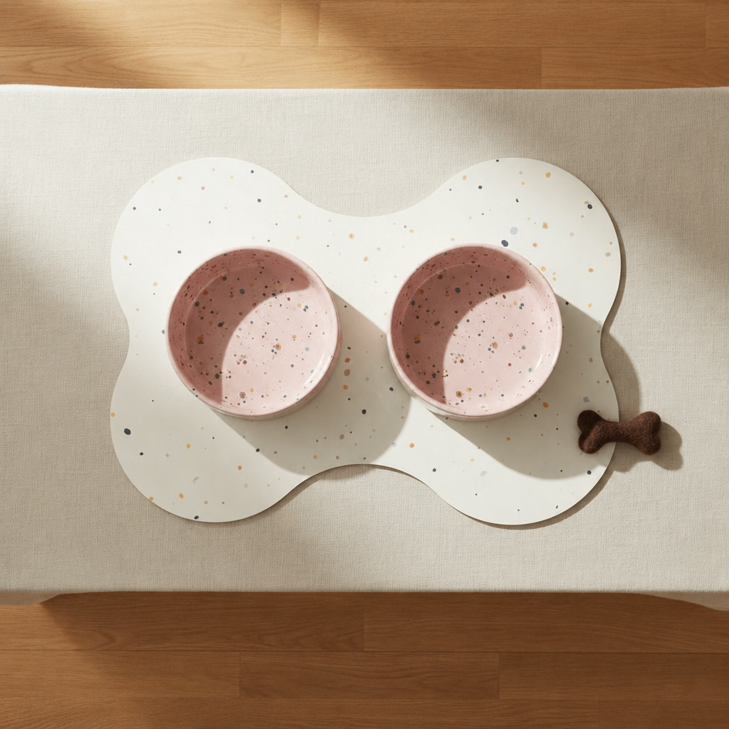Small starter set, Splatter Candy Pink bowls, dark brown wool bone