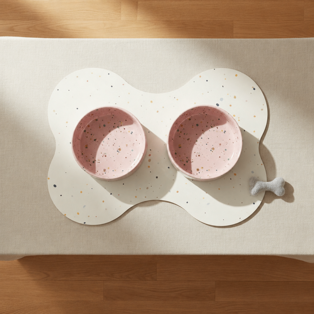 Small starter set, Splatter Candy Pink bowls, light grey wool bone