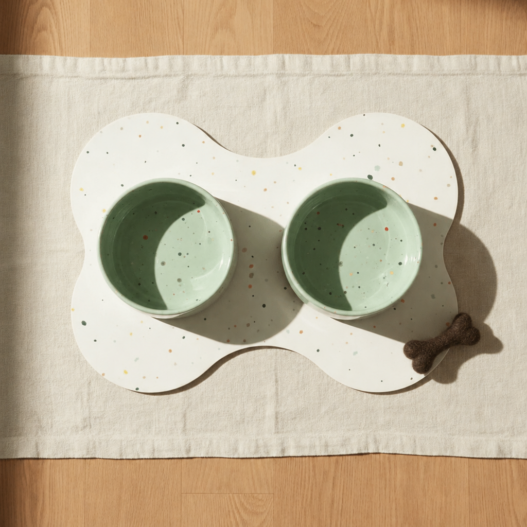 Small starter set, Splatter Sage Green bowls, dark brown wool bone