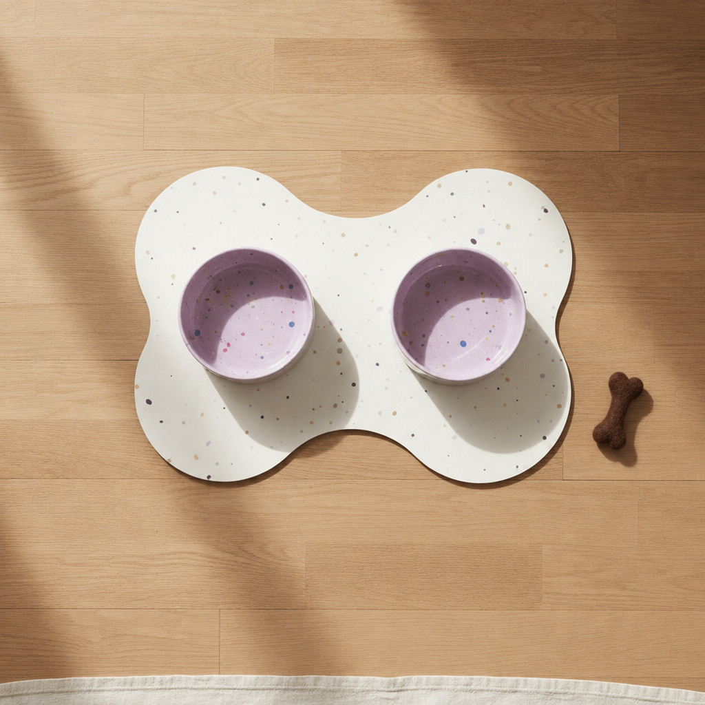 Small starter set, Splatter Dreamy Lilac bowls, dark brown wool bone