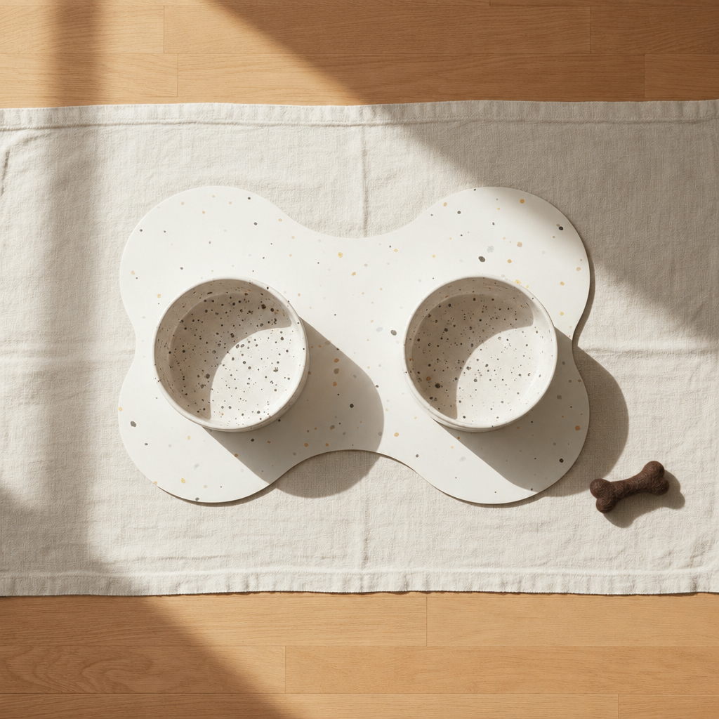 Small starter set, Splatter Pure White bowls, dark brown wool bone