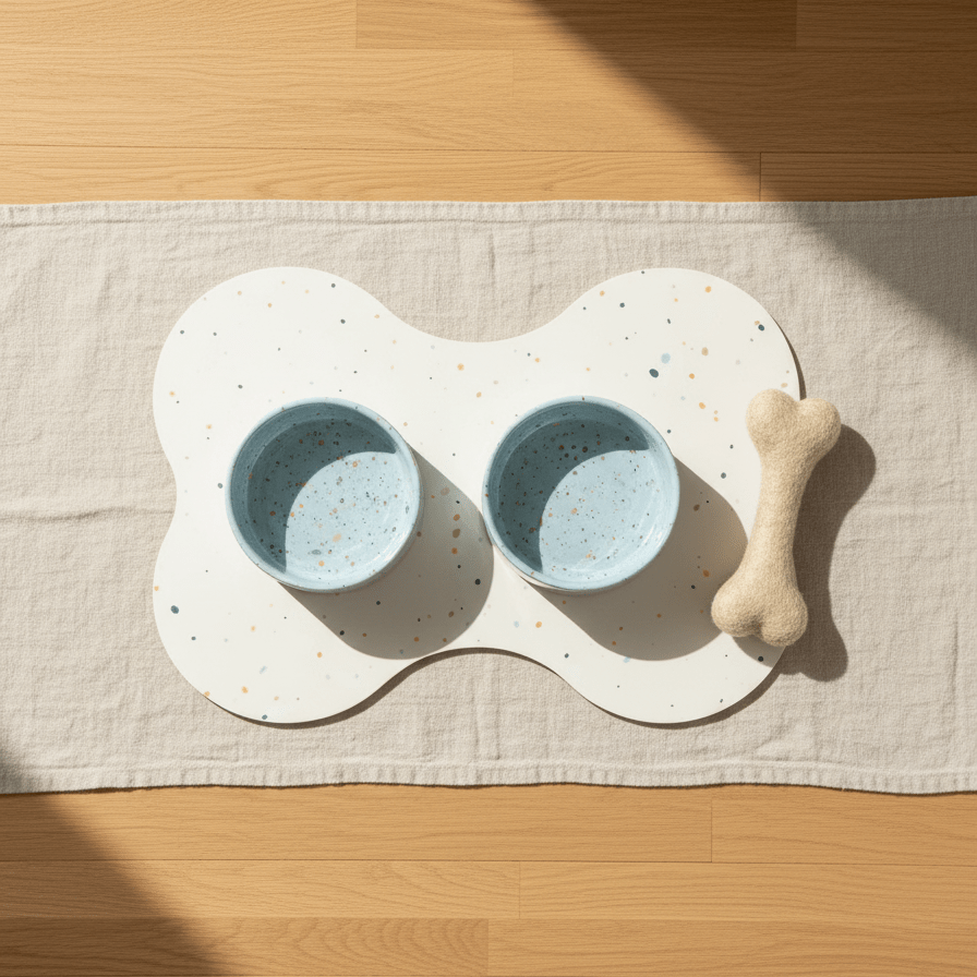 Soft Blue Splatter 16.5 cm bowls with placemat and 20 cm wool bone
