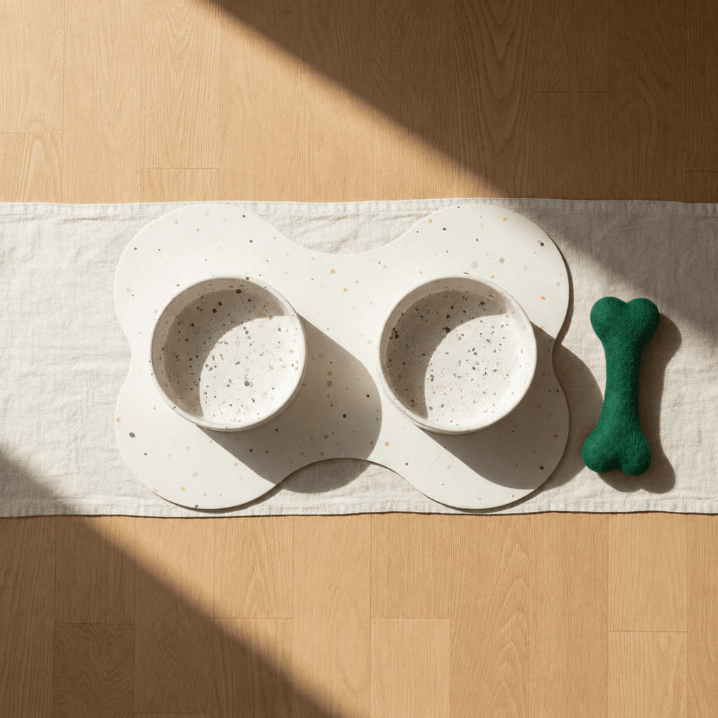 Large Dog Starter Set – Bowls, Placemat and Wool Bone - Smiley Bark