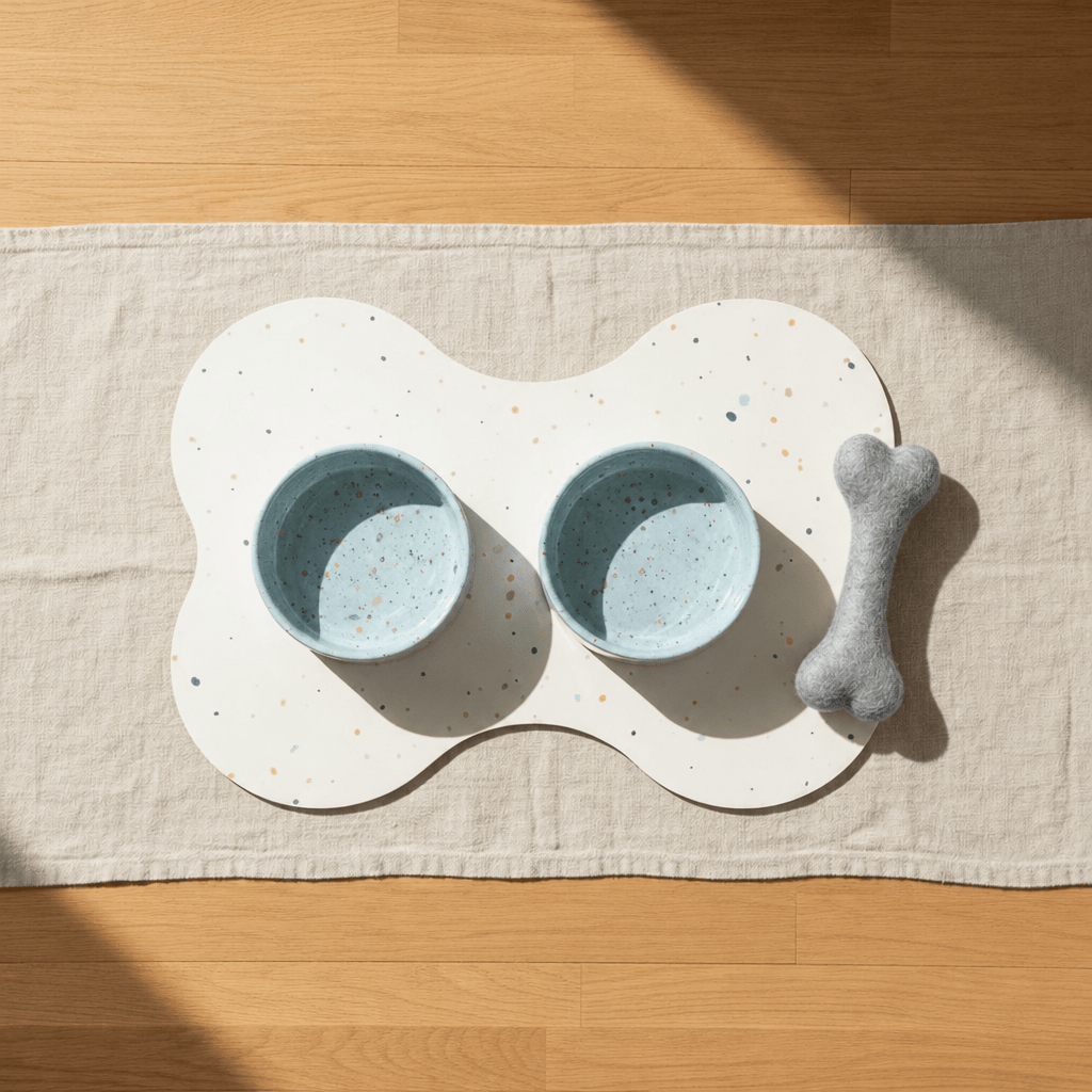 Large Dog Starter Set – Bowls, Placemat and Wool Bone - Smiley Bark