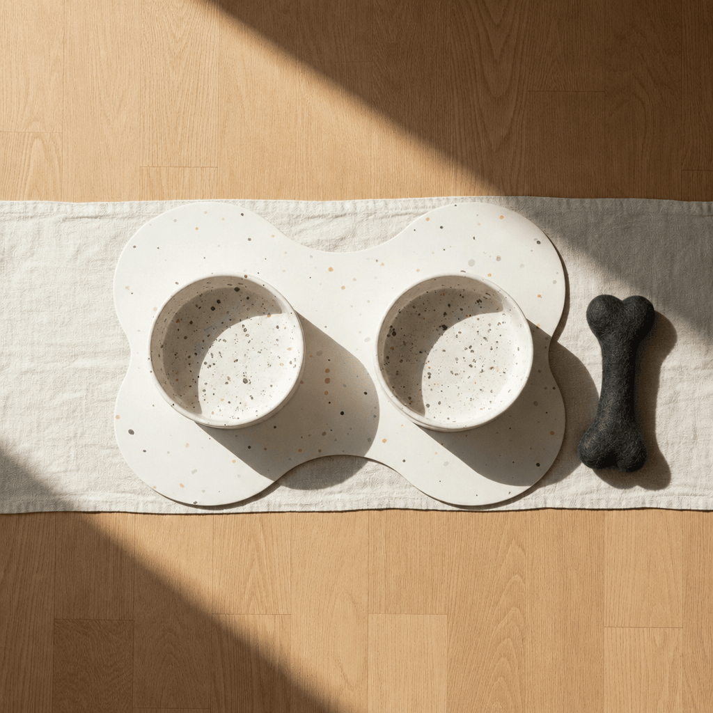 Large Dog Starter Set – Bowls, Placemat and Wool Bone - Smiley Bark