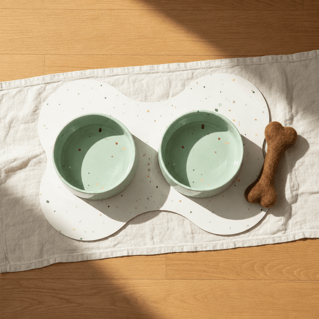 Large Dog Starter Set – Bowls, Placemat and Wool Bone - Smiley Bark