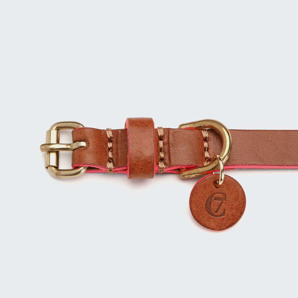 Perky Slim Leather Dog Collar – Cognac and Pink - Smiley Bark