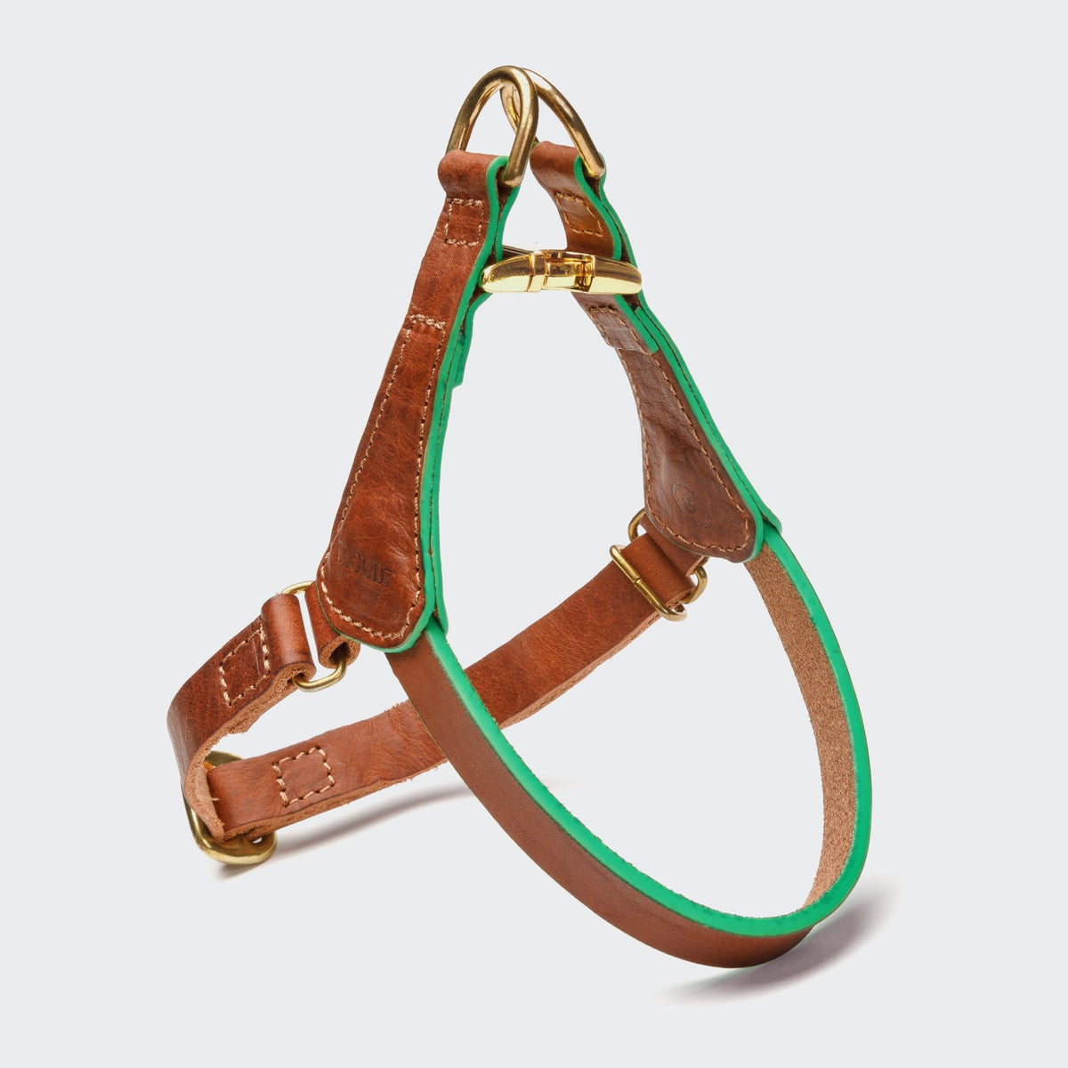 Perky Slim Leather Dog Harness – Cognac and Green - Smiley Bark