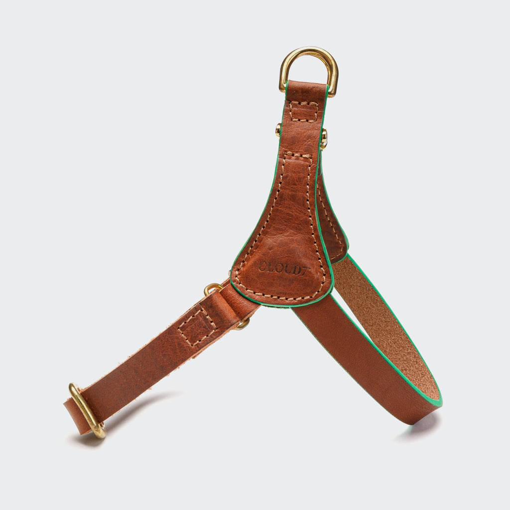 Perky Slim Leather Dog Harness – Cognac and Green - Smiley Bark