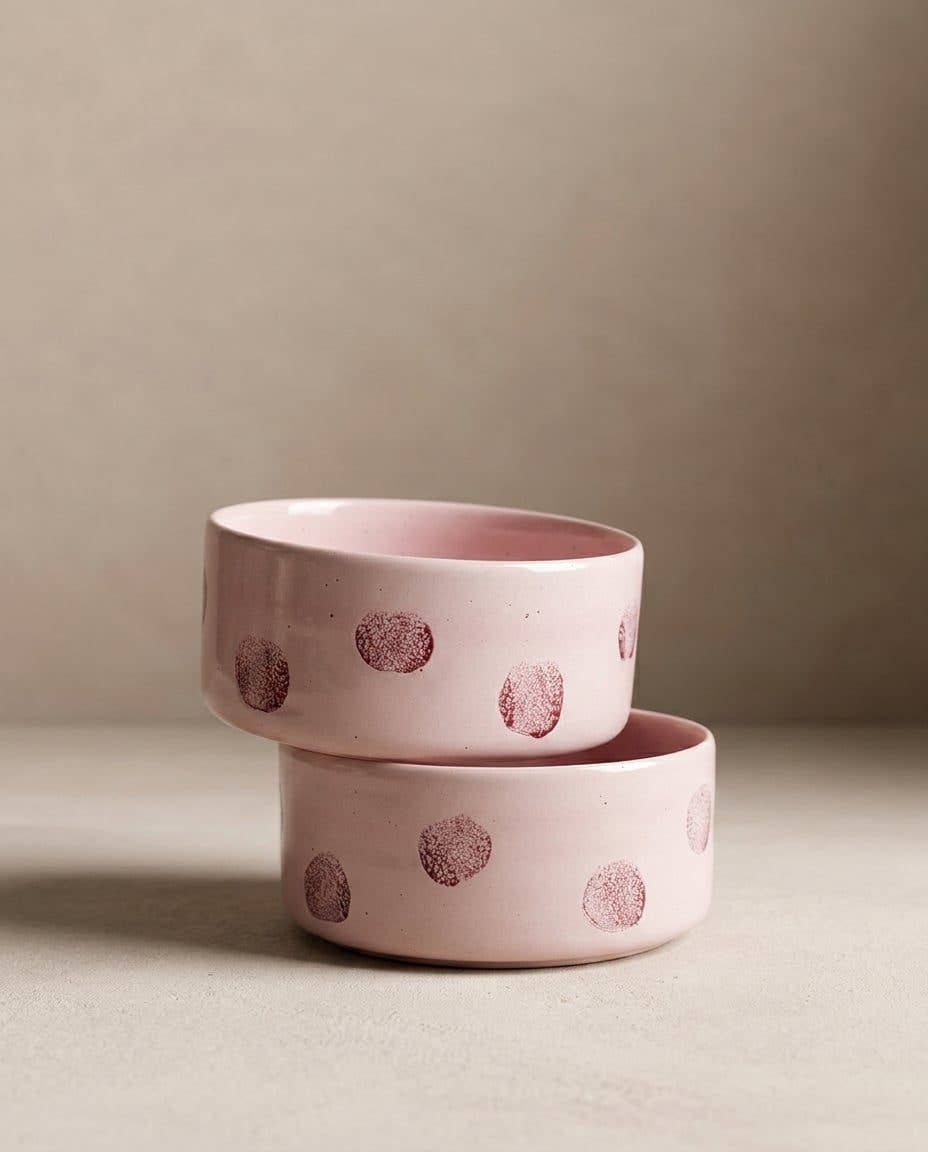 Two Pink Polka Dot stoneware bowls stacked