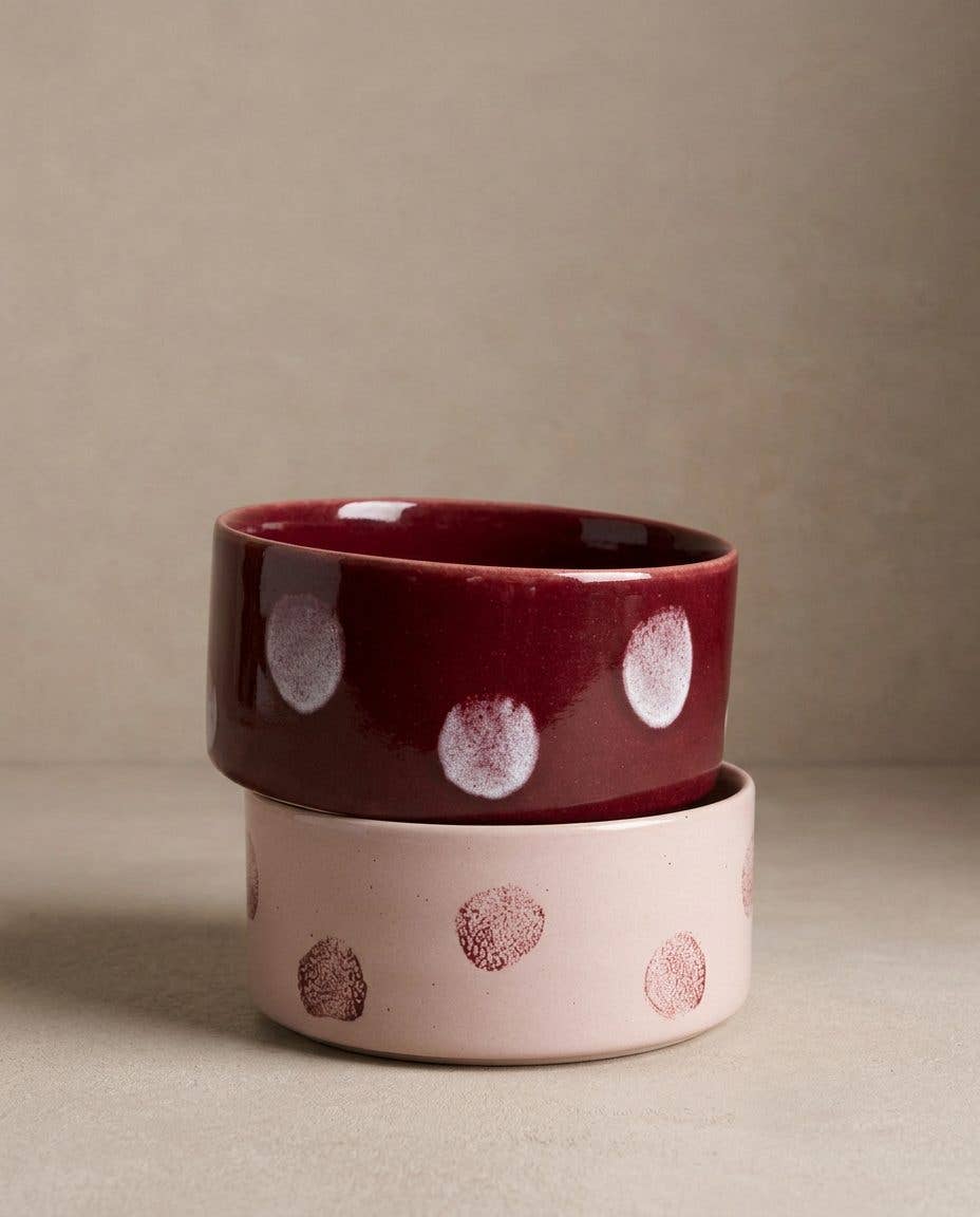 Burgundy Polka Dot bowl stacked on a Pink Polka Dot bowl