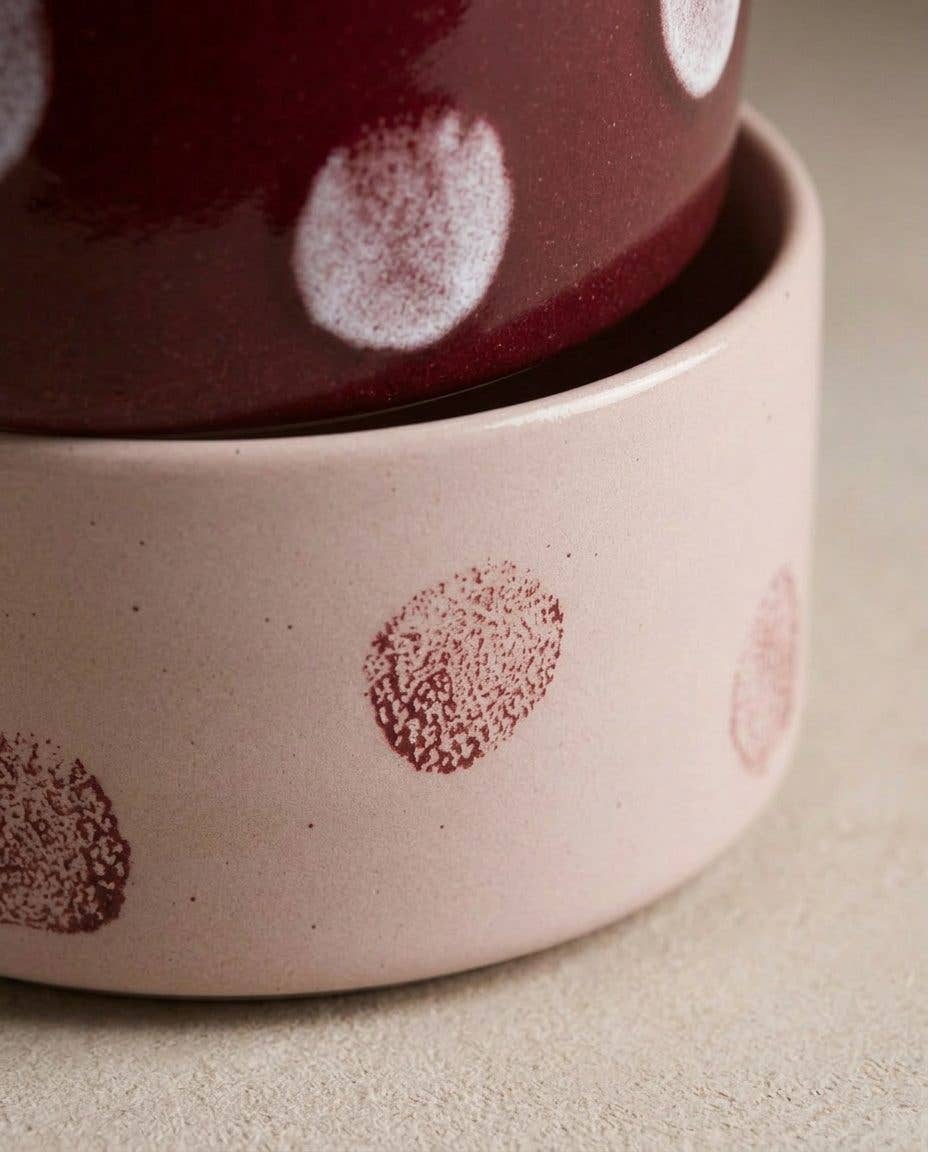 Burgundy and Pink Polka Dot stoneware bowls stacked, close-up