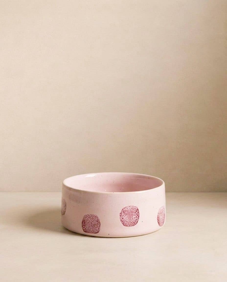 Pink Polka Dot stoneware dog bowl