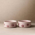 Pair of Pink Polka Dot stoneware dog bowls with rose dots