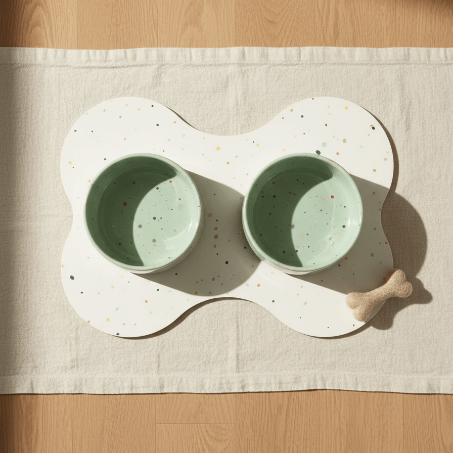Sage Green Splatter bakken, placemat en klein gevilt wollen bot als set