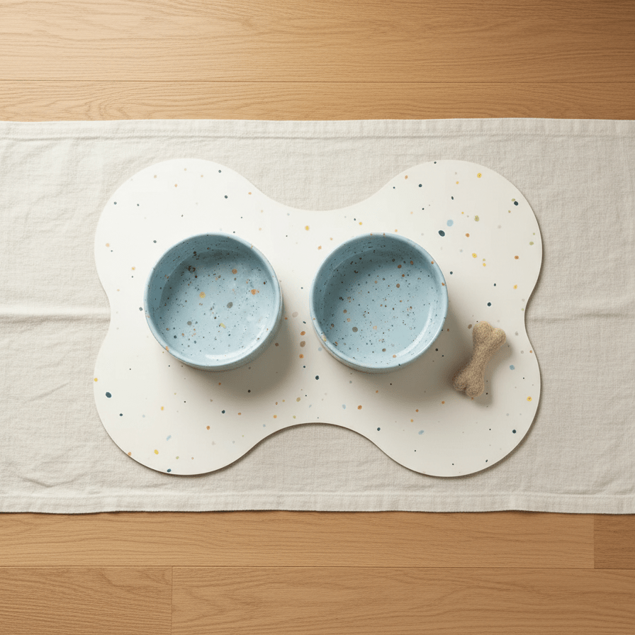 Soft Blue Splatter bakken, placemat en klein gevilt wollen bot als set