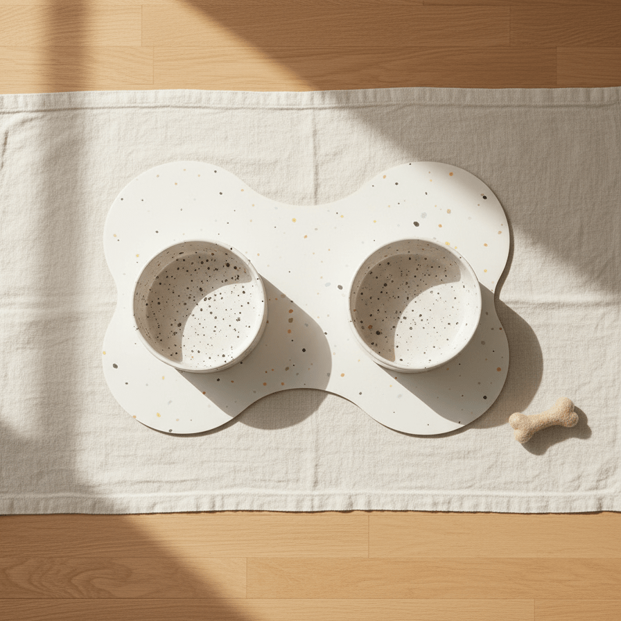 Pure White Splatter bakken, placemat en klein gevilt wollen bot als set